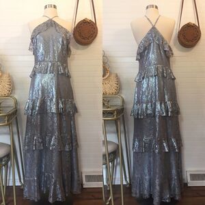Willow & Clay Metallic Baby Blue Lace Ruffle Tiered Maxi Dress NWT